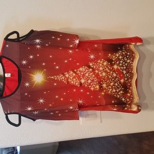 Christmas tree print cold shoulder blouse
